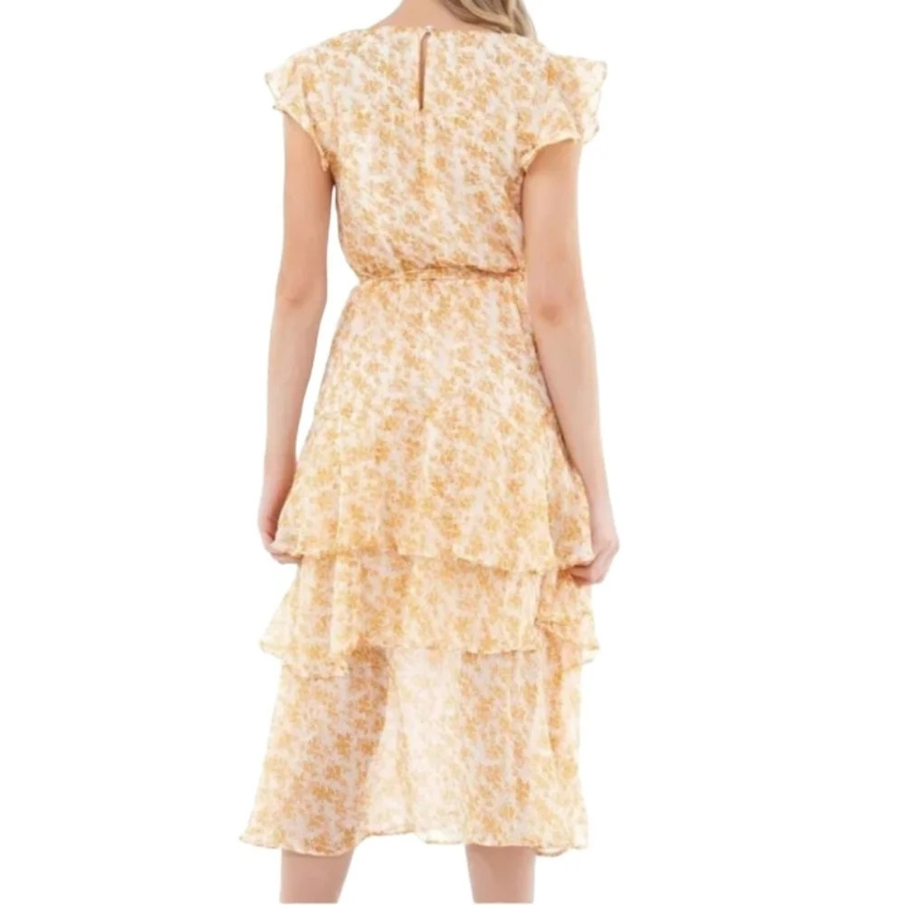 Revolve Mink Pink Gold White Floral Cottagecore Tiered Lana Dress Size Small - Picture 2 of 8
